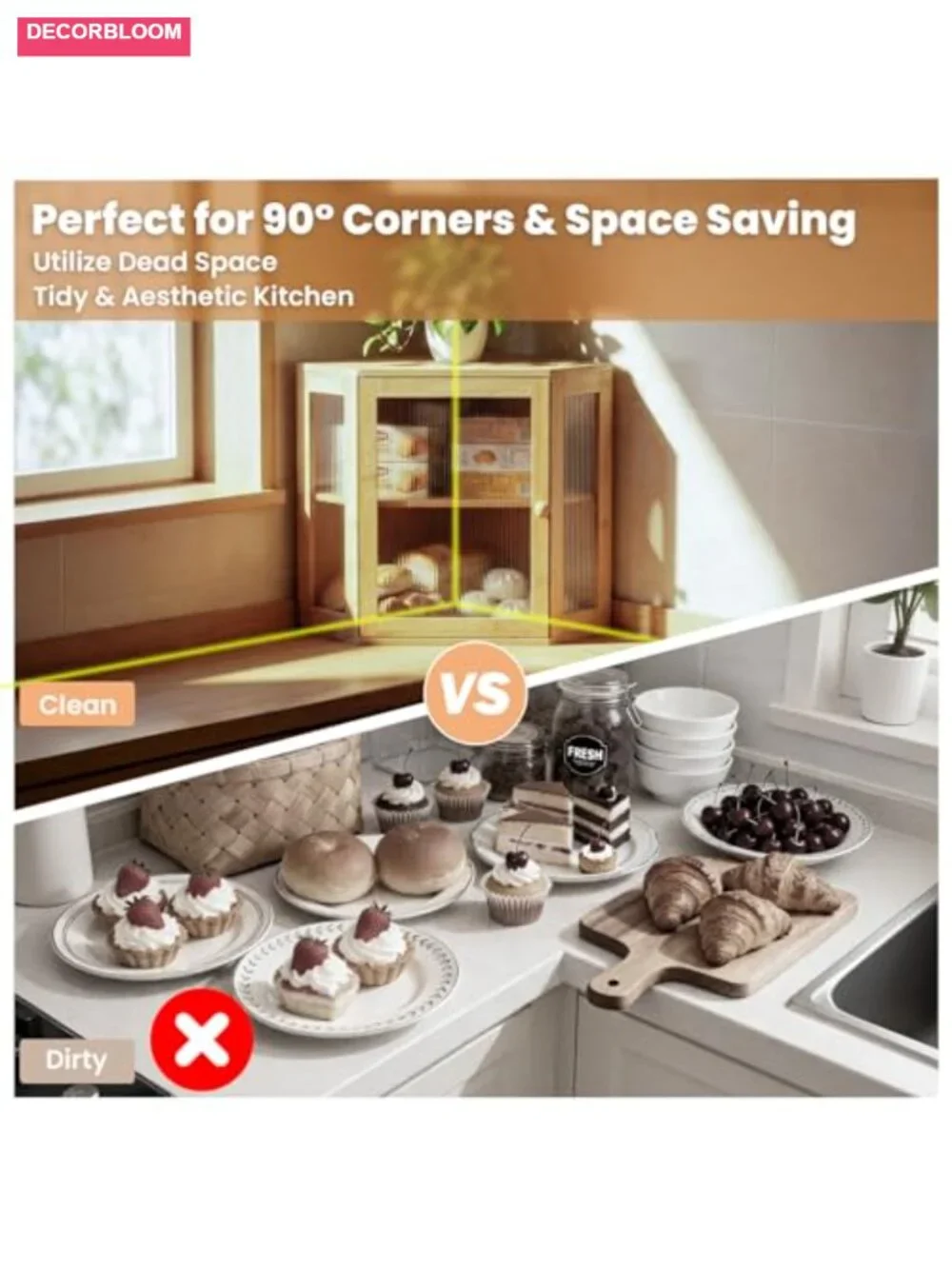 Corner Bamboo Bread Box with Lid - Two Layer Kitchen Countertop Storage